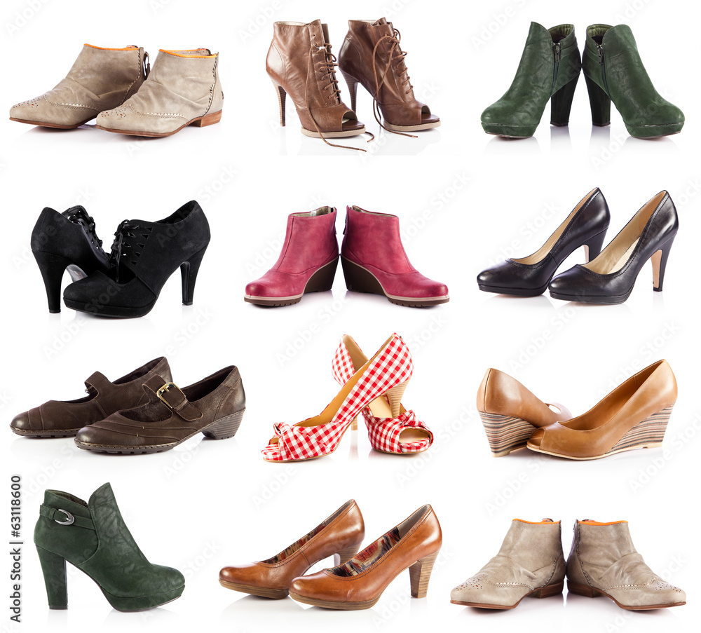 female footwear.  female shoes over white - obrazy, fototapety, plakaty 