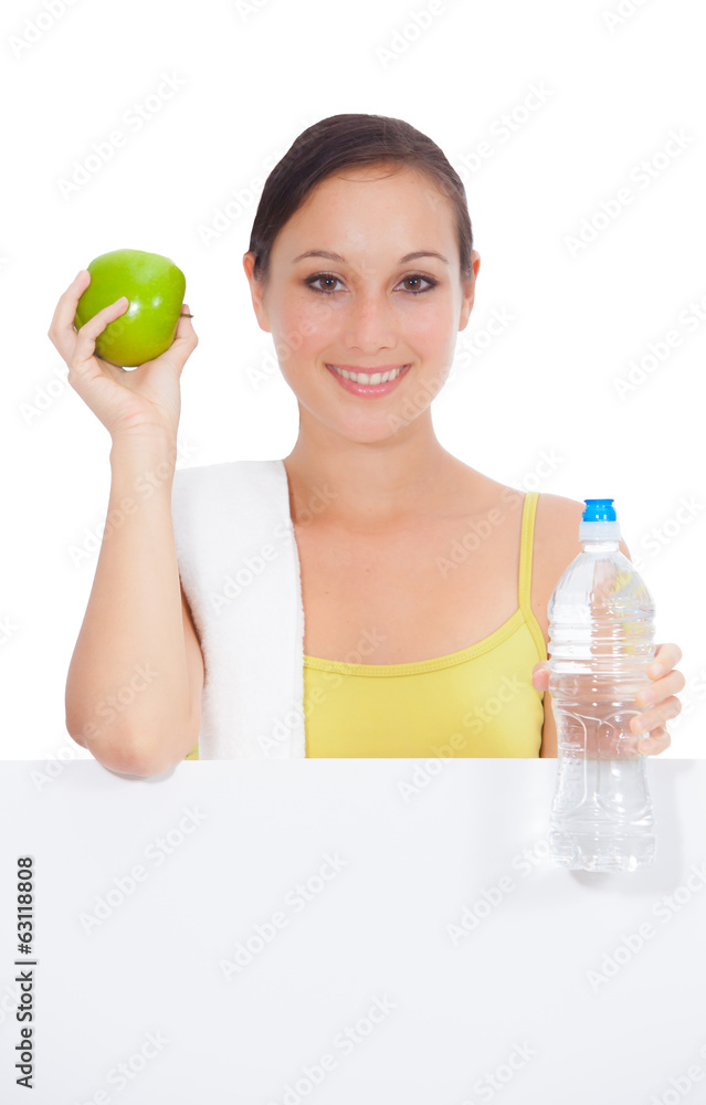 Sport fitness woman holding empty card. Sport fitness woman holding empty card.