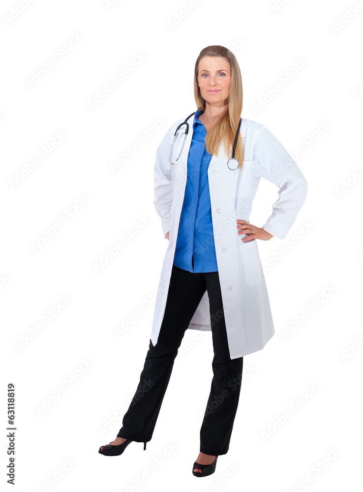 Young doctor standing on white copyspace