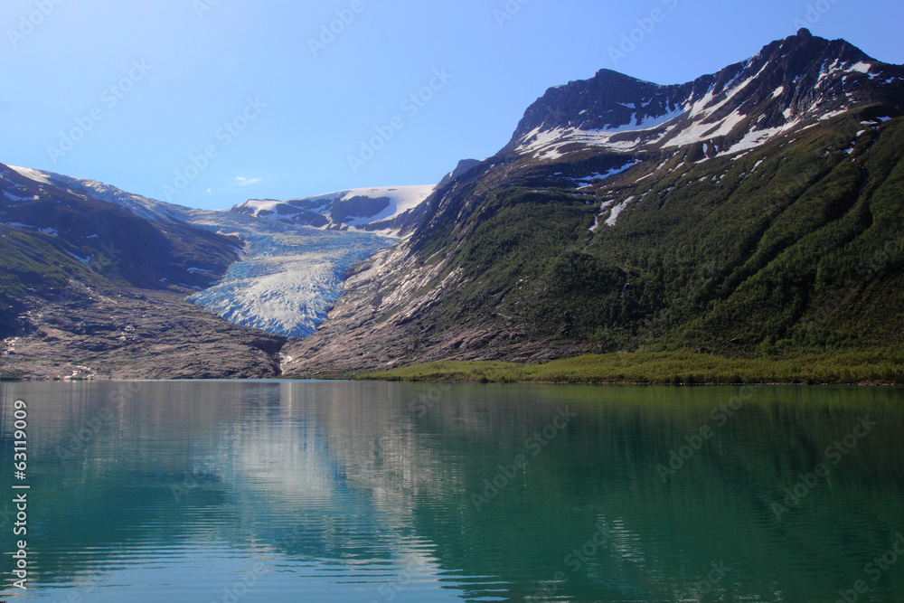 The blue glacier and the green lake