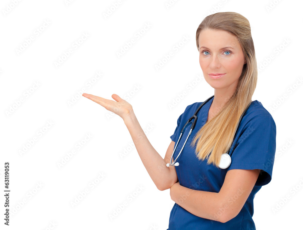 Nurse or Doctor showing copy space isolated on white background Nurse or Doctor showing copy space isolated on white background