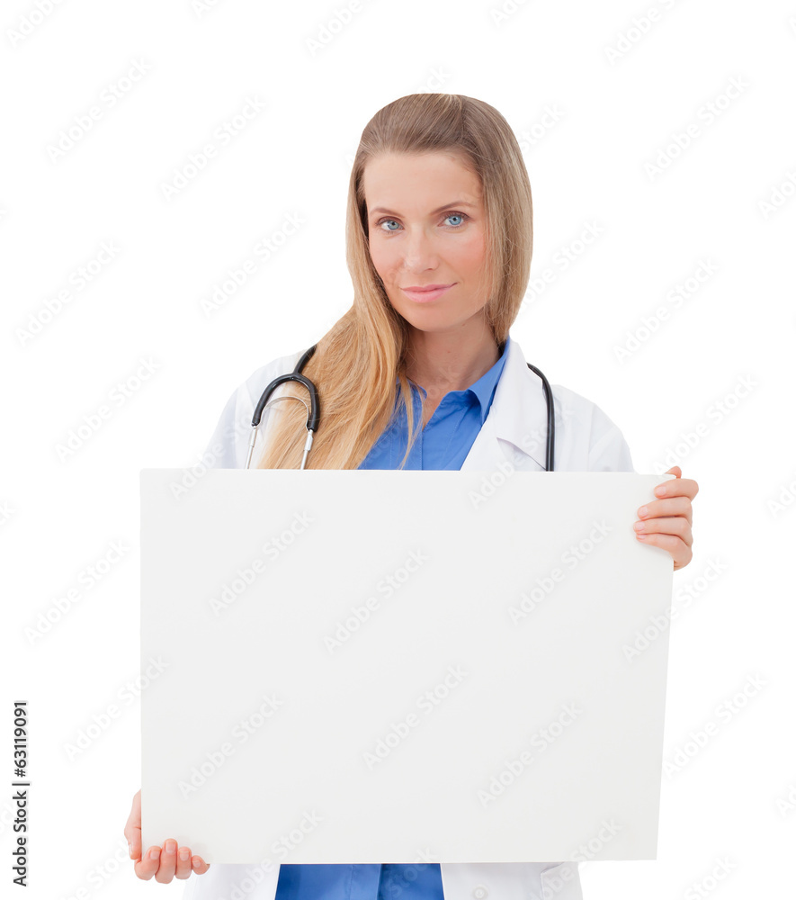 Nurse / doctor showing blank board / sign. Nurse / doctor showing blank board / sign.