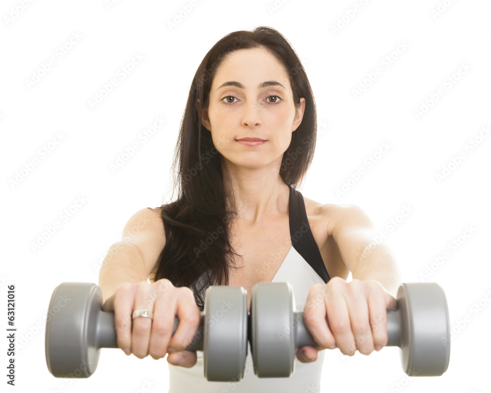 woman working out with dumbbells. Isolated woman working out with dumbbells. Isolated