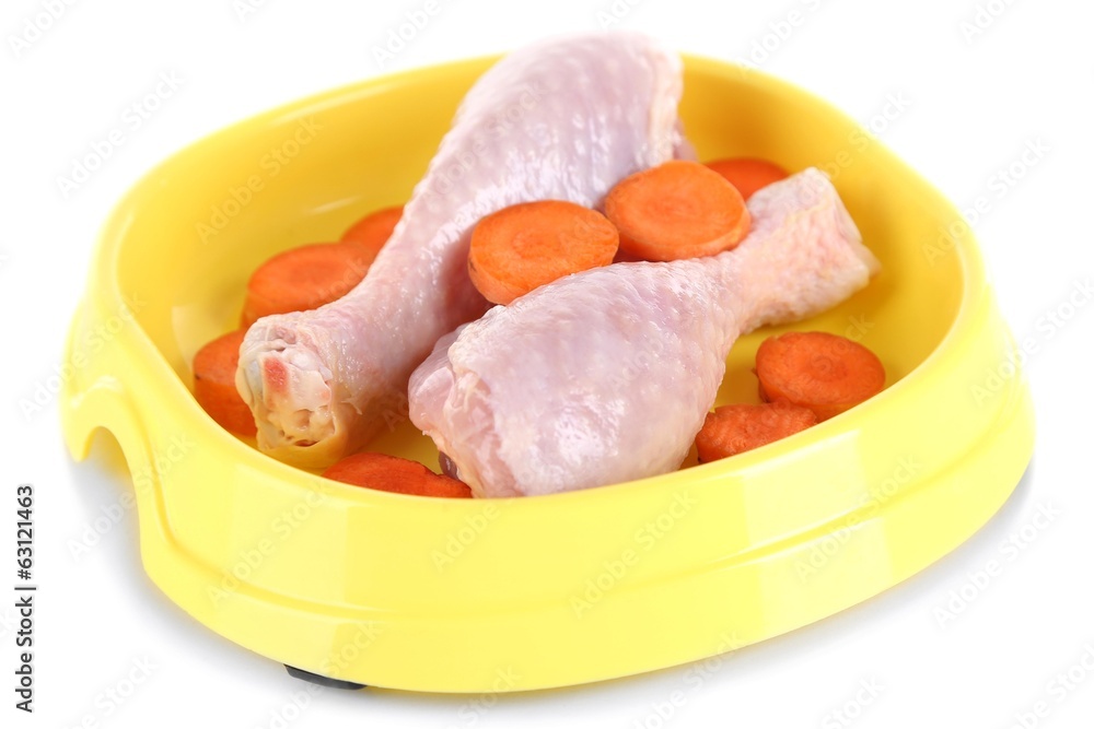 Natural food for pets in plastic bowl isolated on white Natural food for pets in plastic bowl isolated on white