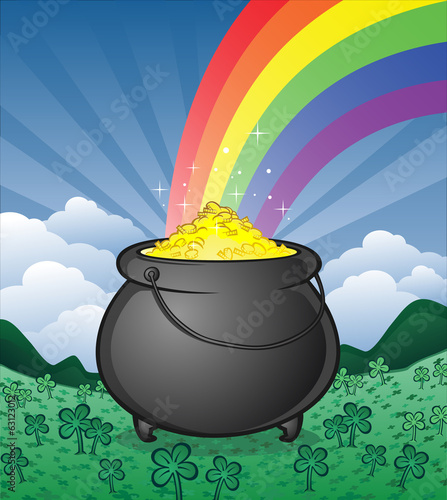 Pot of Gold in a Shamrock Field Cartoon