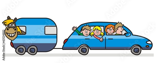 Horse at caravan, family at house, vector humorous illustration