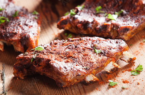 Grilled ribs seasoned with hot spices photo