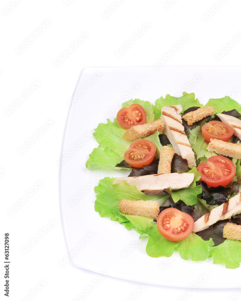 Ingredients of caesar salad on plate.