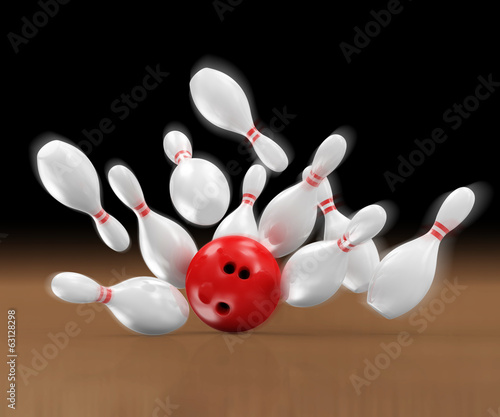 Red Bowling Ball crashing into the Pins in Motion