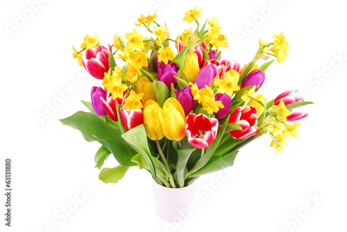 bouquet of tulip and daffodils flowers isolated on white