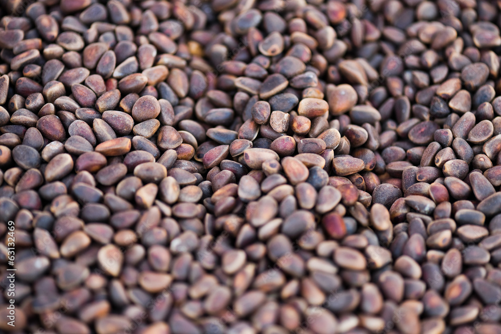 Close-up siberian cedar nuts texture to background Close-up siberian cedar nuts texture to background