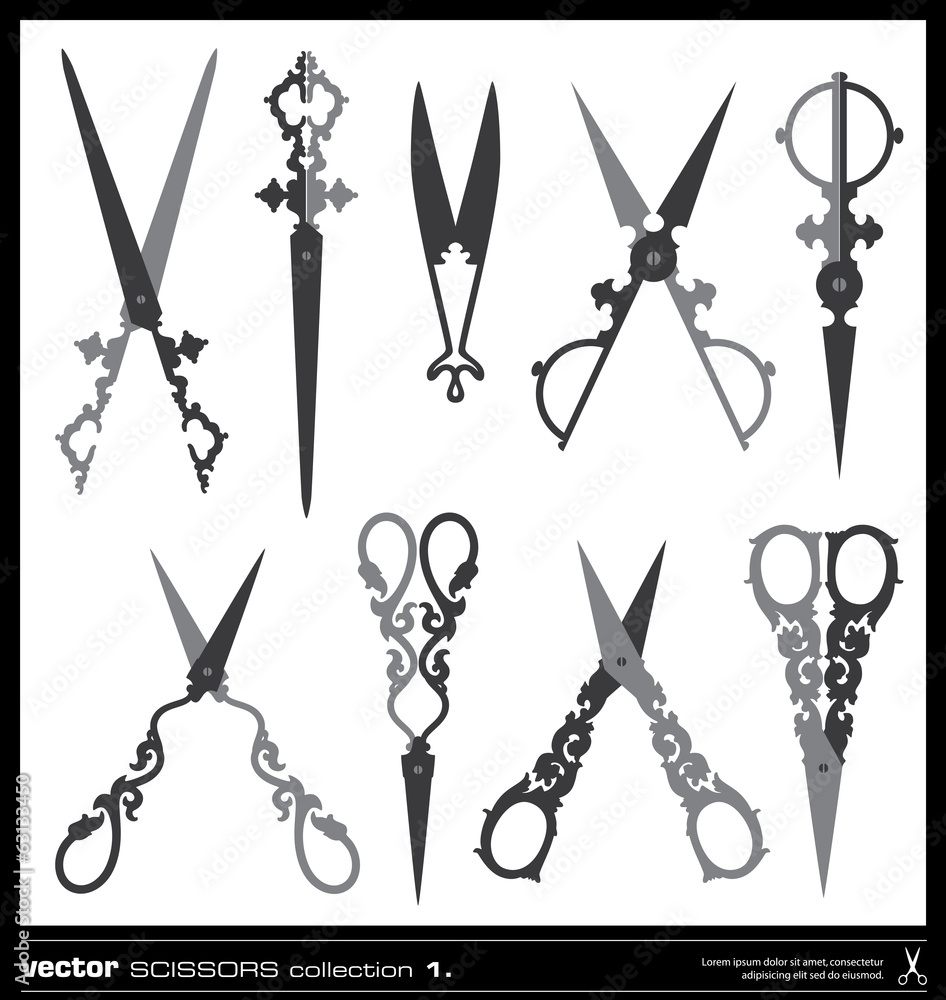 Old decorated scissors vector silhouettes Stock Vector by