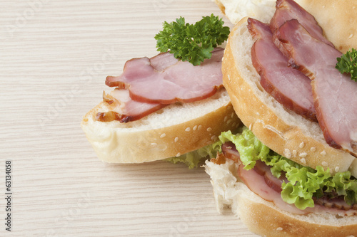 Deliciously looking ham and lettuce sandwitch, closeup