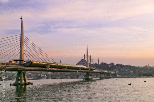 Fototapeta Naklejka Na Ścianę i Meble -  Golden Horn or Halic and Golden Horn Metro Bridge from Balat District in Istanbul, Turkey
