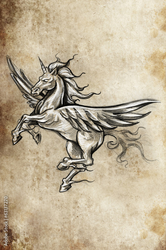 Tattoo unicorn sketch, handmade design over vintage paper