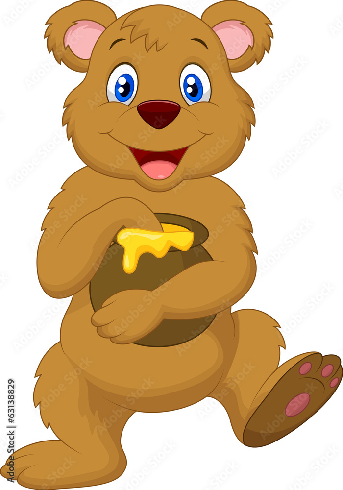 Obraz premium Cute cartoon bear holding honey pot