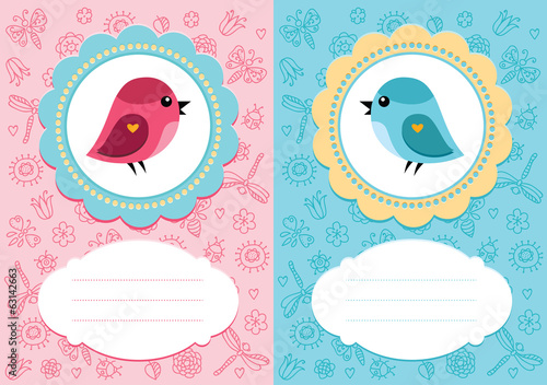 Baby-girl and baby-boy cards with cute bird