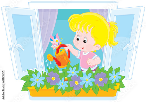 Girl watering flowers on a windowsill
