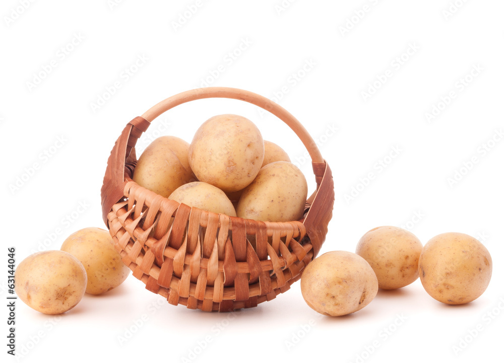 Potato tuber in wicker basket isolated on white background Potato tuber in wicker basket isolated on white background