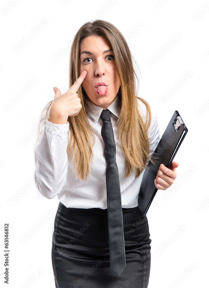 Pretty girl doing a joke over white background Pretty girl doing a joke over white background