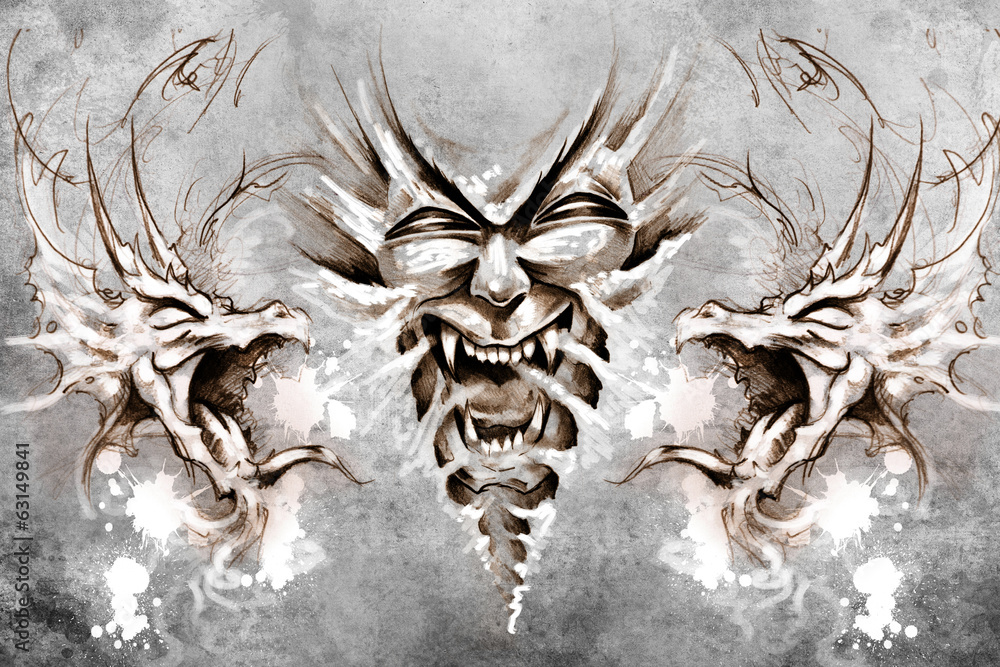 Nightmare Tattoo design over grey background. textured backdrop. Nightmare Tattoo design over grey background. textured backdrop.