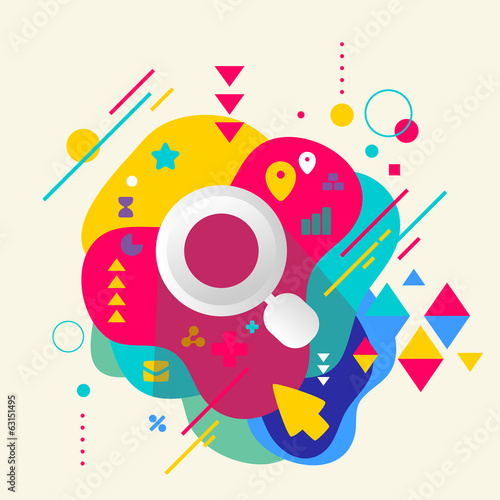 Magnifier on abstract colorful spotted background with different