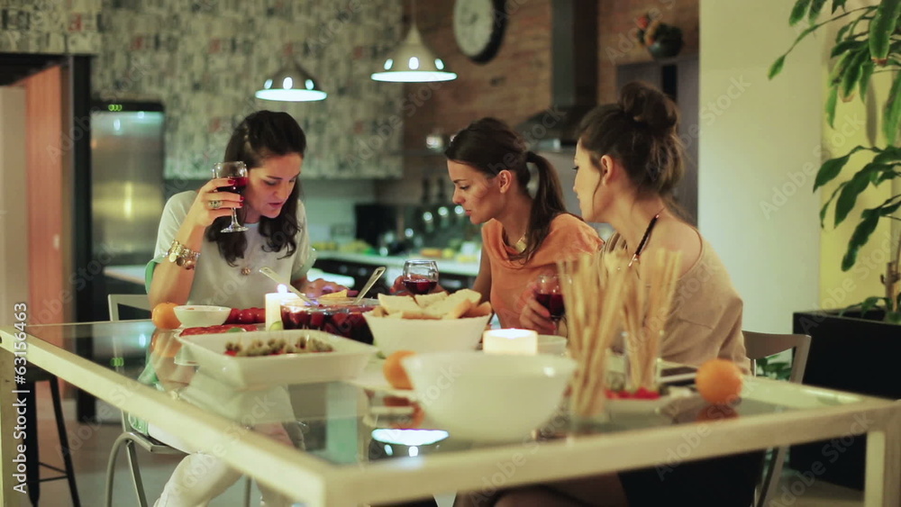 Women partying using tablet talking and drinking wine. Women partying using tablet talking and drinking wine.