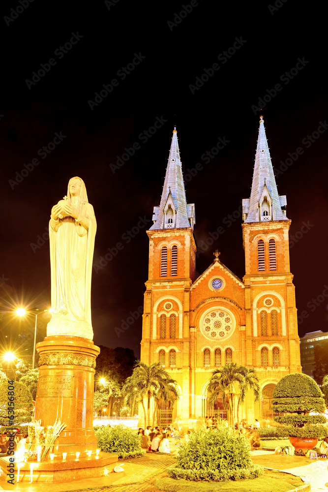 Night scene of Notre Dame Saigon Basilica in Saigon, Vietnam