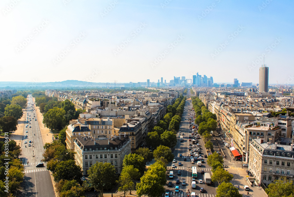 skyline of Paris city towards La Defense district, France.