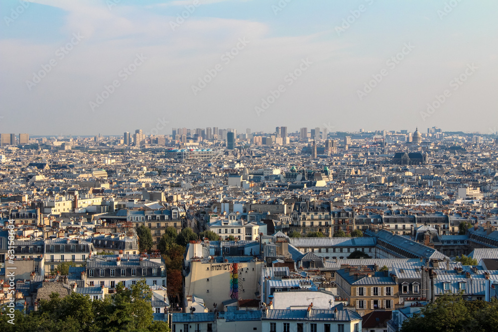 skyline of Paris city from Montmartre hill, France.