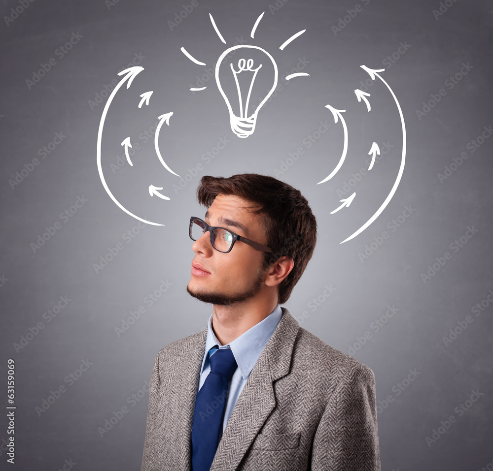 Young man thinking with arrows and light bulb overhead - obrazy, fototapety, plakaty 