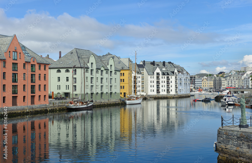 view on streets and houses at city of Alesund , Norway