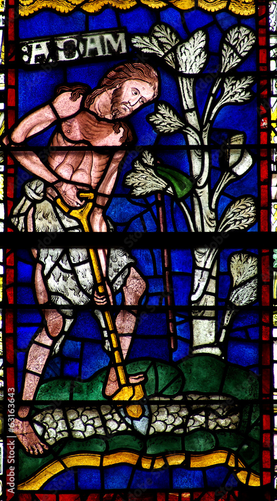 Stained glass window of Adam working