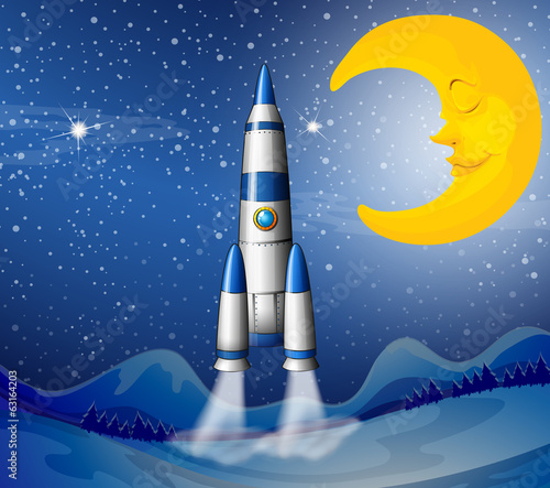 A rocket going to the sky with a sleeping moon