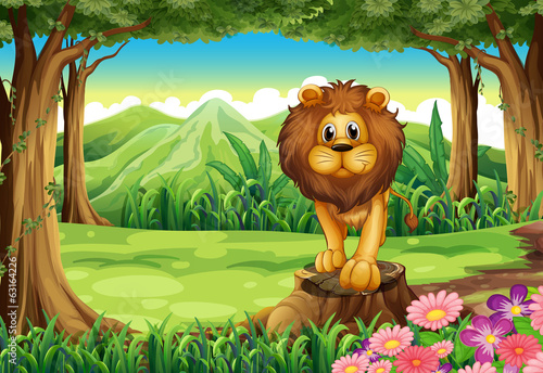 A jungle with a lion above the stump