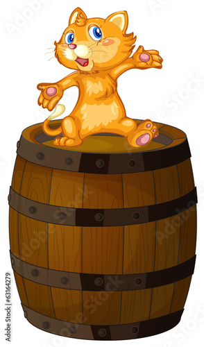 A wooden barrel with a cat