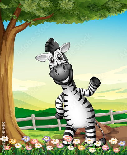 A smiling zebra near the tree