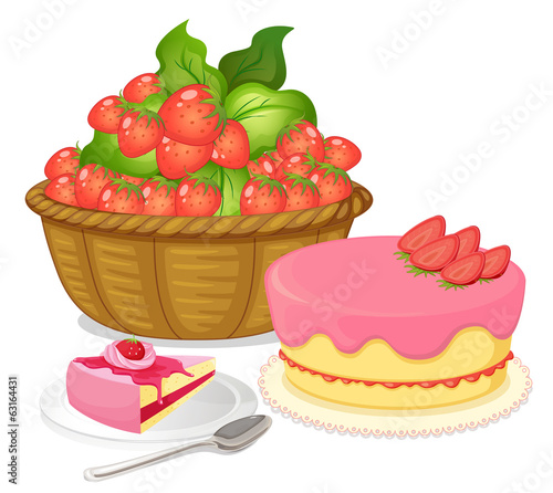 A basket of strawberries and a strawberry flavored cake