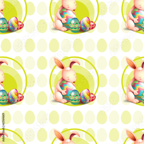 A seamless design with bunnies hugging the eggs