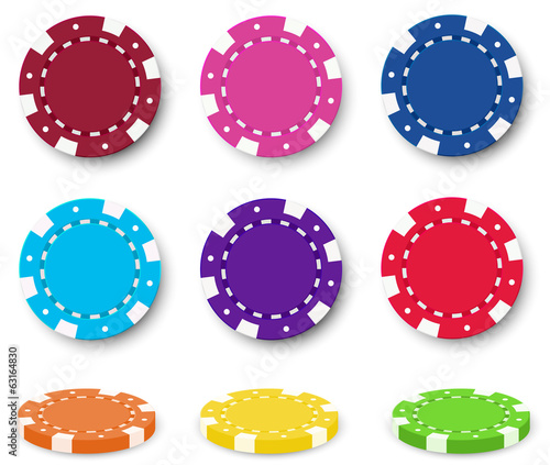 Nine colorful poker chips