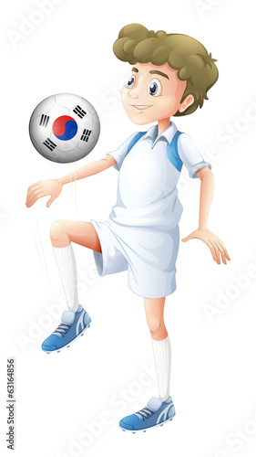 A man using the ball with the flag of South Korea