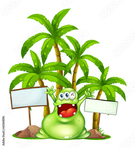 A happy monster with empty signboards