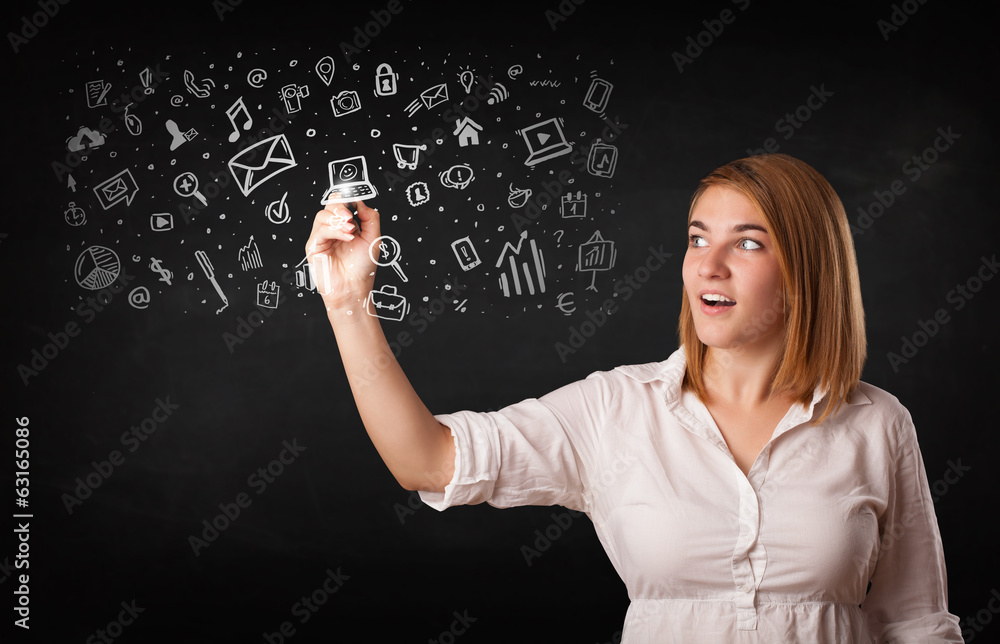 Young woman drawing and sketching icons and symbols Young woman drawing and sketching icons and symbols