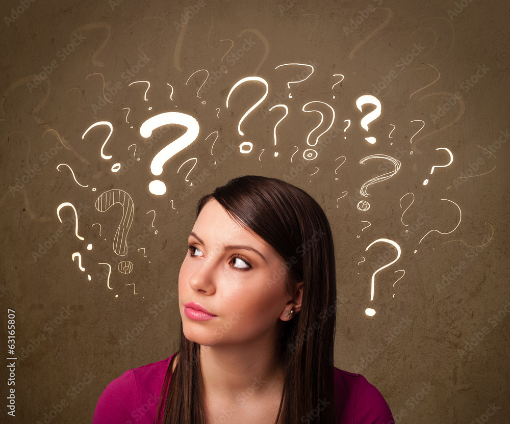 girl with question mark symbols around her head girl with question mark symbols around her head