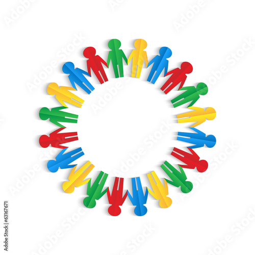 Colorful men of colored paper placed in a circle on a white back