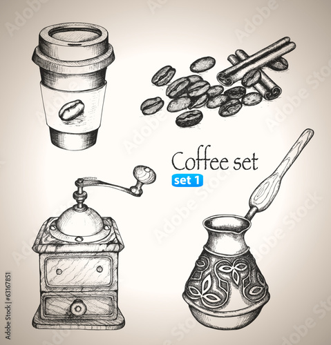 Coffee set: beans, mill, maker and cup photo