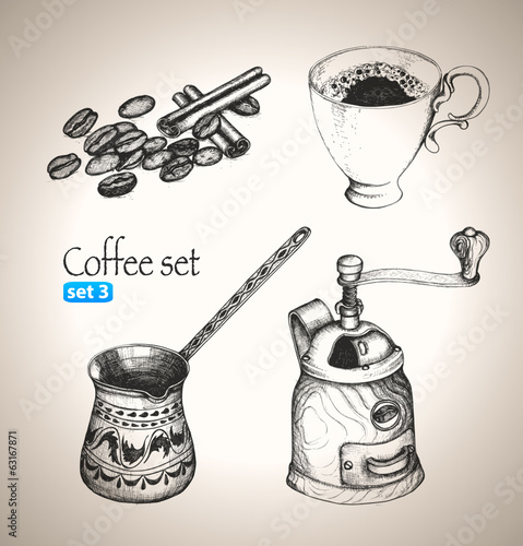 Coffee set: beans, cup, cezve and mill