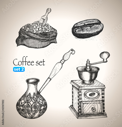 Coffee set: bean, bag, mill, cezve