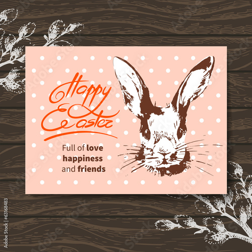Retro Easter card. Sketch watercolor Easter rabbit.