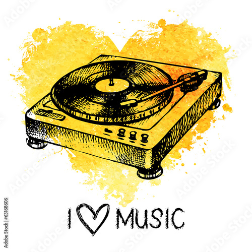 Music background with splash watercolor heart and turntable